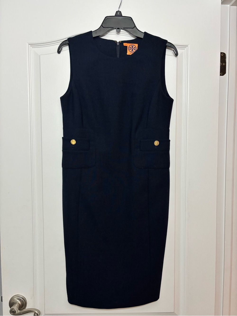 Tory Burch Navy Sleeveless Midi Sheath Dress with Gold Buttons